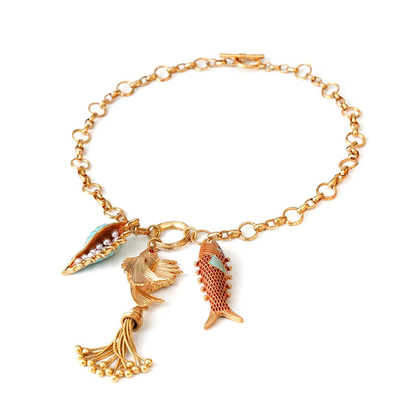 wealthyBoo Boemian Enamel Marine Life Charm Articulate Fish Pendant Necklace Chic Mermaid Conch Choker Ocean Beauty Accessories
