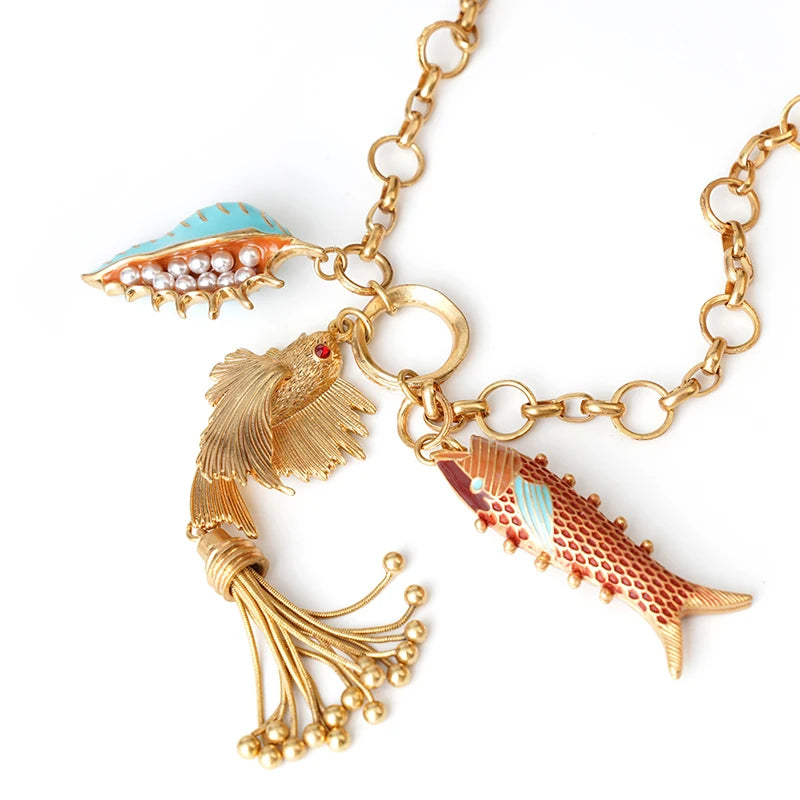 wealthyBoo Boemian Enamel Marine Life Charm Articulate Fish Pendant Necklace Chic Mermaid Conch Choker Ocean Beauty Accessories