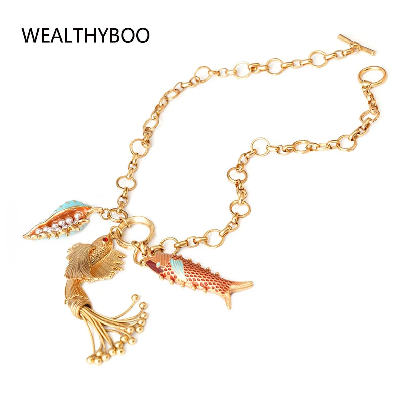 wealthyBoo Boemian Enamel Marine Life Charm Articulate Fish Pendant Necklace Chic Mermaid Conch Choker Ocean Beauty Accessories