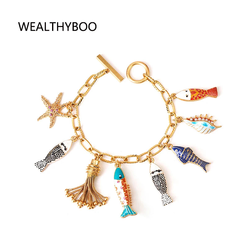Bohemia Ocean Beauty Charms Bracelet Pulseras Bangle Hand Enamel Fishes Conch Seastar Tassel Pendants Toggle Bracelet Pulseras