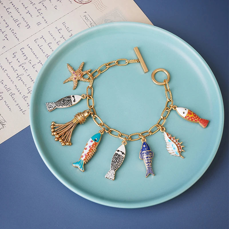 Bohemia Ocean Beauty Charms Bracelet Pulseras Bangle Hand Enamel Fishes Conch Seastar Tassel Pendants Toggle Bracelet Pulseras