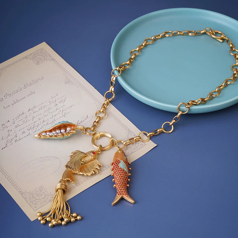 wealthyBoo Boemian Enamel Marine Life Charm Articulate Fish Pendant Necklace Chic Mermaid Conch Choker Ocean Beauty Accessories