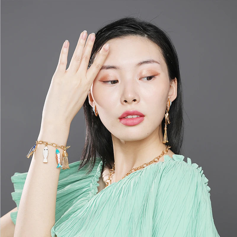 Bohemia Ocean Beauty Charms Bracelet Pulseras Bangle Hand Enamel Fishes Conch Seastar Tassel Pendants Toggle Bracelet Pulseras