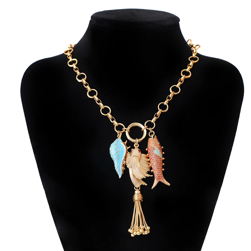 wealthyBoo Boemian Enamel Marine Life Charm Articulate Fish Pendant Necklace Chic Mermaid Conch Choker Ocean Beauty Accessories