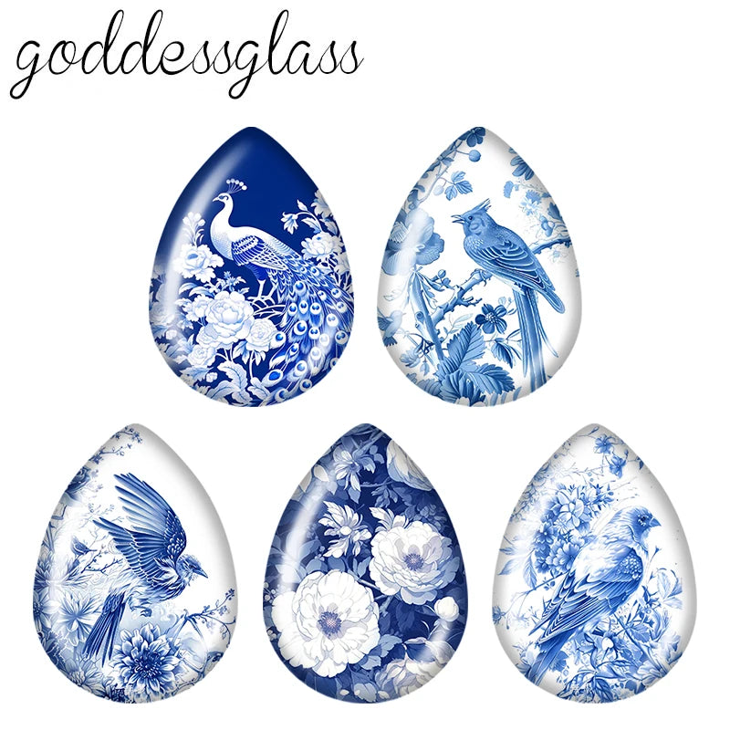 5pairs Beauty Chinese Blue Flowers Birds patterns Tear Drop Glass cabochon flat back DIY Earrings Jewelry Making Findings