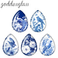 5pairs Beauty Chinese Blue Flowers Birds patterns Tear Drop Glass cabochon flat back DIY Earrings Jewelry Making Findings