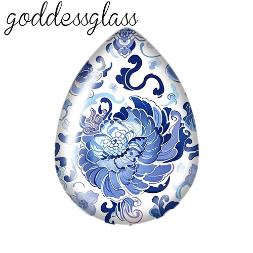 5pairs Beauty Chinese Blue Flowers Birds patterns Tear Drop Glass cabochon flat back DIY Earrings Jewelry Making Findings