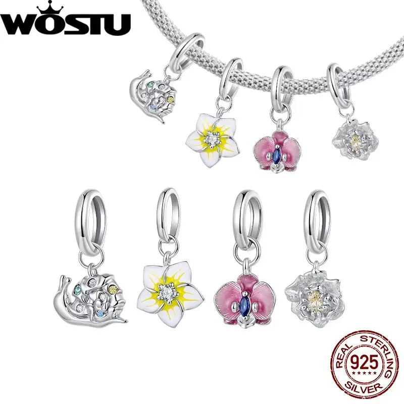 WOSTU 925 Sterling Silver Peony Pendant Frangipani Orchid Snail Charm Beauty Flower for Women Bracelet DIY Fine Jewelry Gift