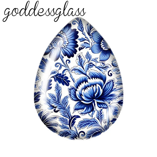 5pairs Beauty Chinese Blue Flowers Birds patterns Tear Drop Glass cabochon flat back DIY Earrings Jewelry Making Findings