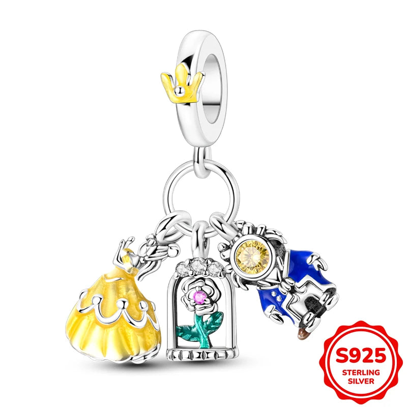 Beauty and the Beast and Rose Theme Three-Piece Set Pendant Charm Beads Fits 3mm Bracelets Necklace For Women Luxury DIY Jewelry