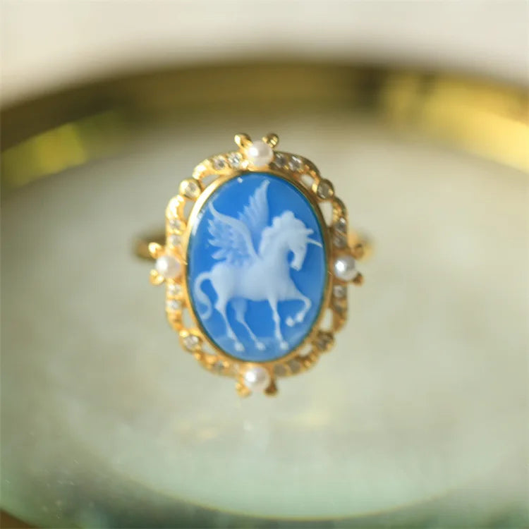S925 Silver 18k Gold-plated Colorful Agate Relief Ring For Women Girls Vintage Beauty Girl Ring Fashion Jewelry Gift