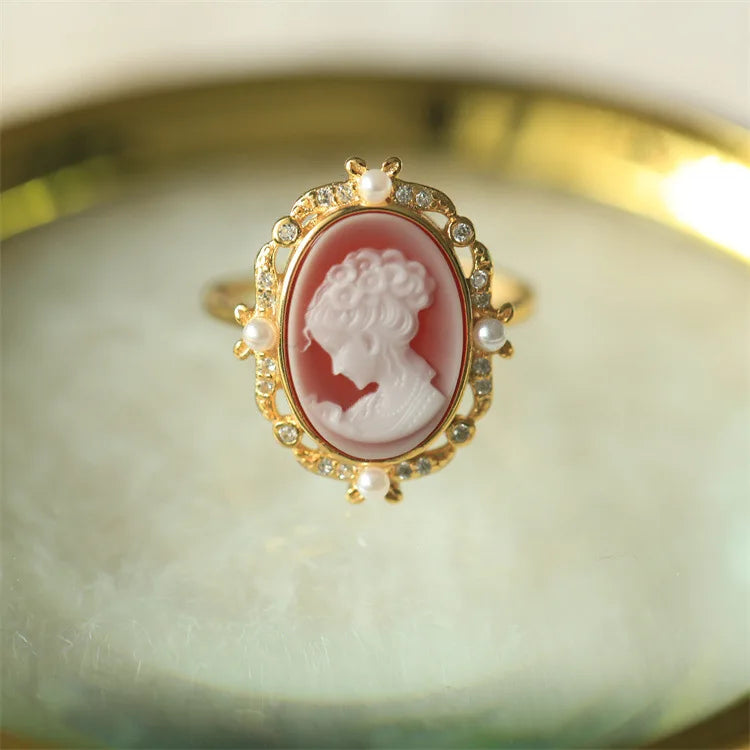 S925 Silver 18k Gold-plated Colorful Agate Relief Ring For Women Girls Vintage Beauty Girl Ring Fashion Jewelry Gift