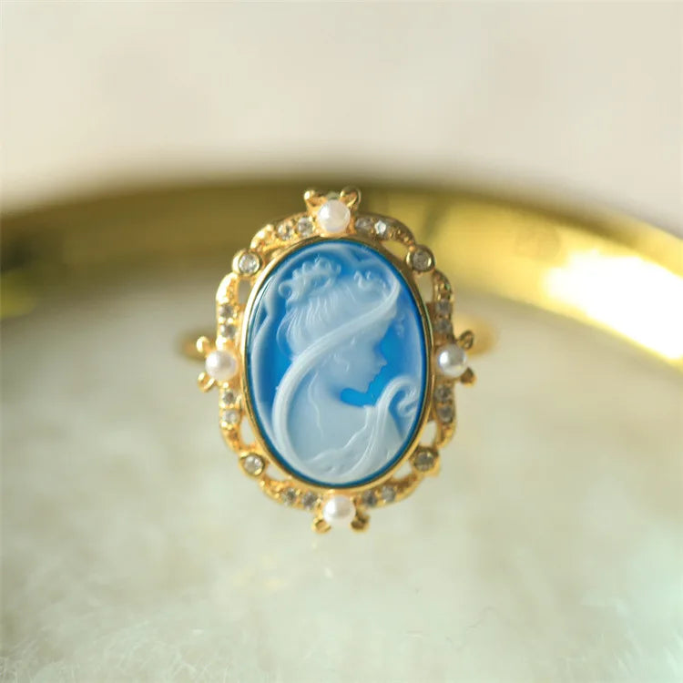 S925 Silver 18k Gold-plated Colorful Agate Relief Ring For Women Girls Vintage Beauty Girl Ring Fashion Jewelry Gift