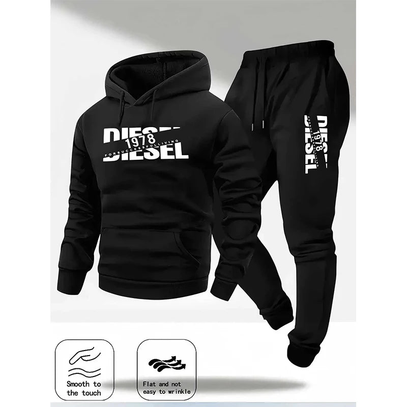 Men Fashion Print Tracksuit Hooded Sweatshirt+Sweatpants Set Autumn winter Casual Fitness Jogging Sports Two-Piece Unisex Outfit