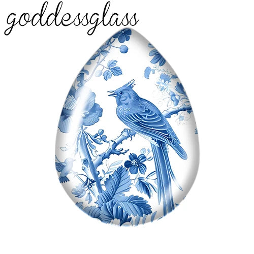 5pairs Beauty Chinese Blue Flowers Birds patterns Tear Drop Glass cabochon flat back DIY Earrings Jewelry Making Findings