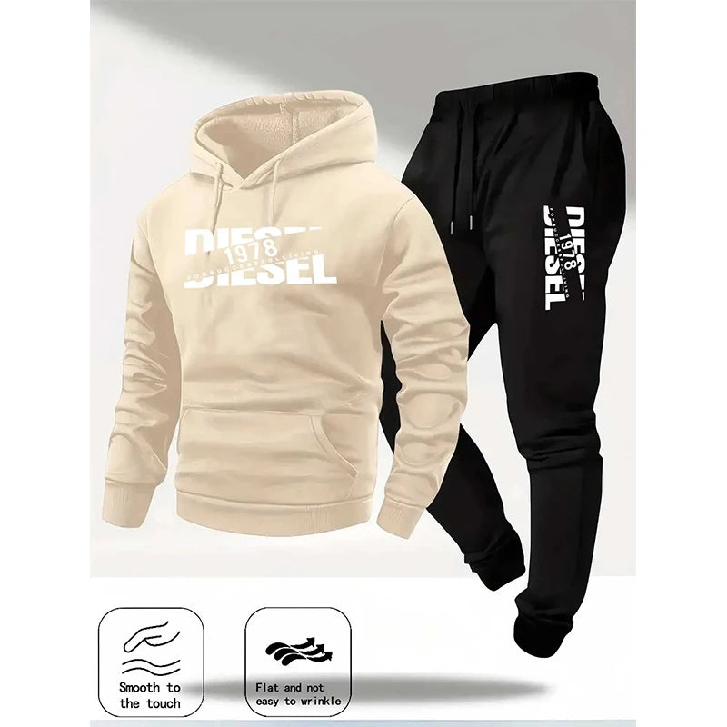 Men Fashion Print Tracksuit Hooded Sweatshirt+Sweatpants Set Autumn winter Casual Fitness Jogging Sports Two-Piece Unisex Outfit