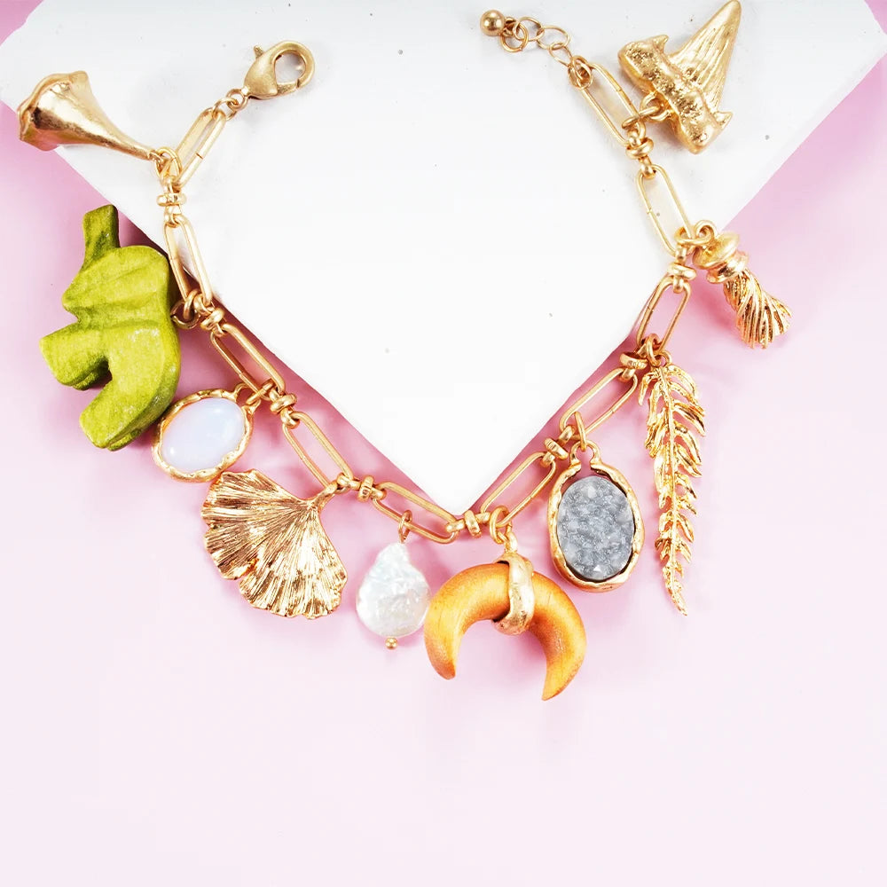 Bohemia Ocean Beauty Charms Bracelet Pulseras Bangle Hand Enamel Fishes Conch Seastar Tassel Pendants Toggle Bracelet Pulseras