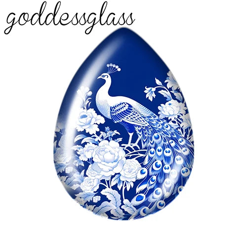 5pairs Beauty Chinese Blue Flowers Birds patterns Tear Drop Glass cabochon flat back DIY Earrings Jewelry Making Findings