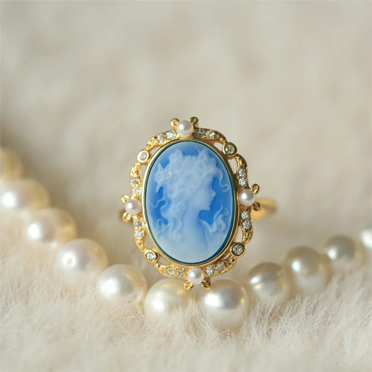 S925 Silver 18k Gold-plated Colorful Agate Relief Ring For Women Girls Vintage Beauty Girl Ring Fashion Jewelry Gift