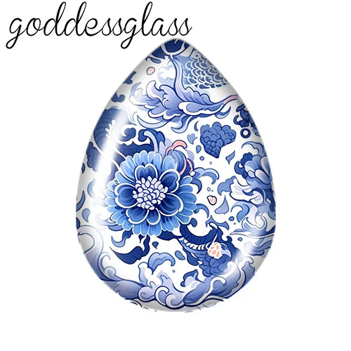 5pairs Beauty Chinese Blue Flowers Birds patterns Tear Drop Glass cabochon flat back DIY Earrings Jewelry Making Findings