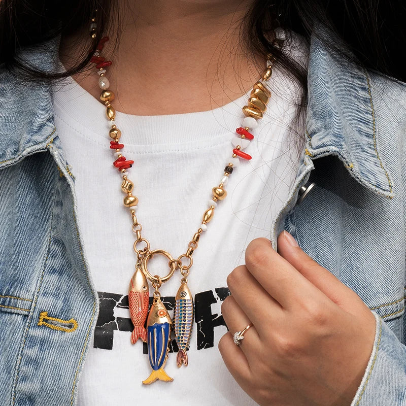 wealthyBoo Boemian Enamel Marine Life Charm Articulate Fish Pendant Necklace Chic Mermaid Conch Choker Ocean Beauty Accessories