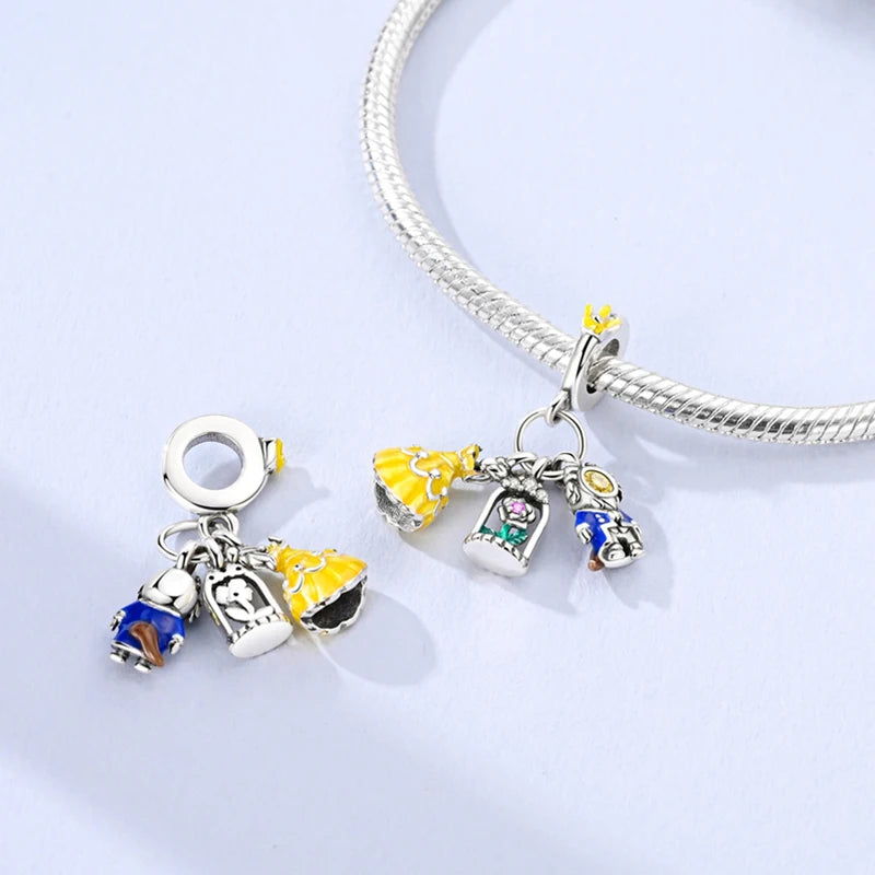 Beauty and the Beast and Rose Theme Three-Piece Set Pendant Charm Beads Fits 3mm Bracelets Necklace For Women Luxury DIY Jewelry