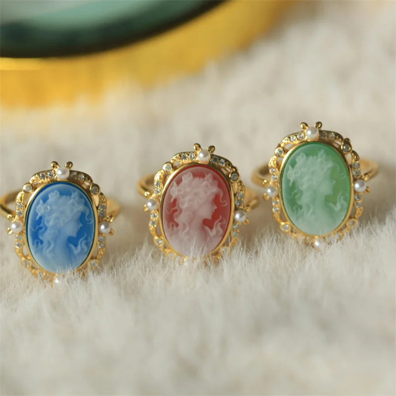 S925 Silver 18k Gold-plated Colorful Agate Relief Ring For Women Girls Vintage Beauty Girl Ring Fashion Jewelry Gift