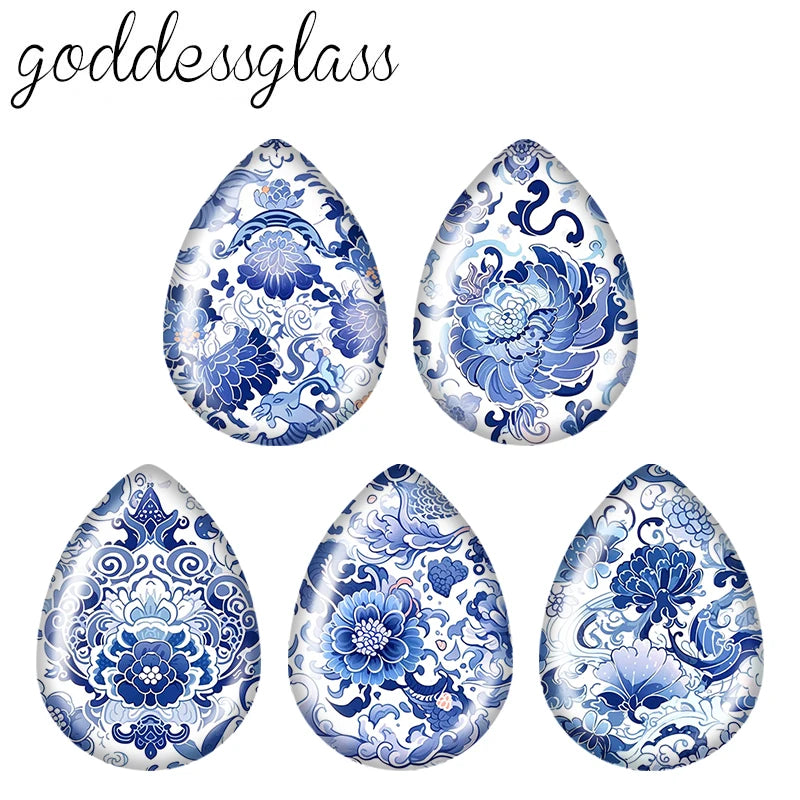 5pairs Beauty Chinese Blue Flowers Birds patterns Tear Drop Glass cabochon flat back DIY Earrings Jewelry Making Findings