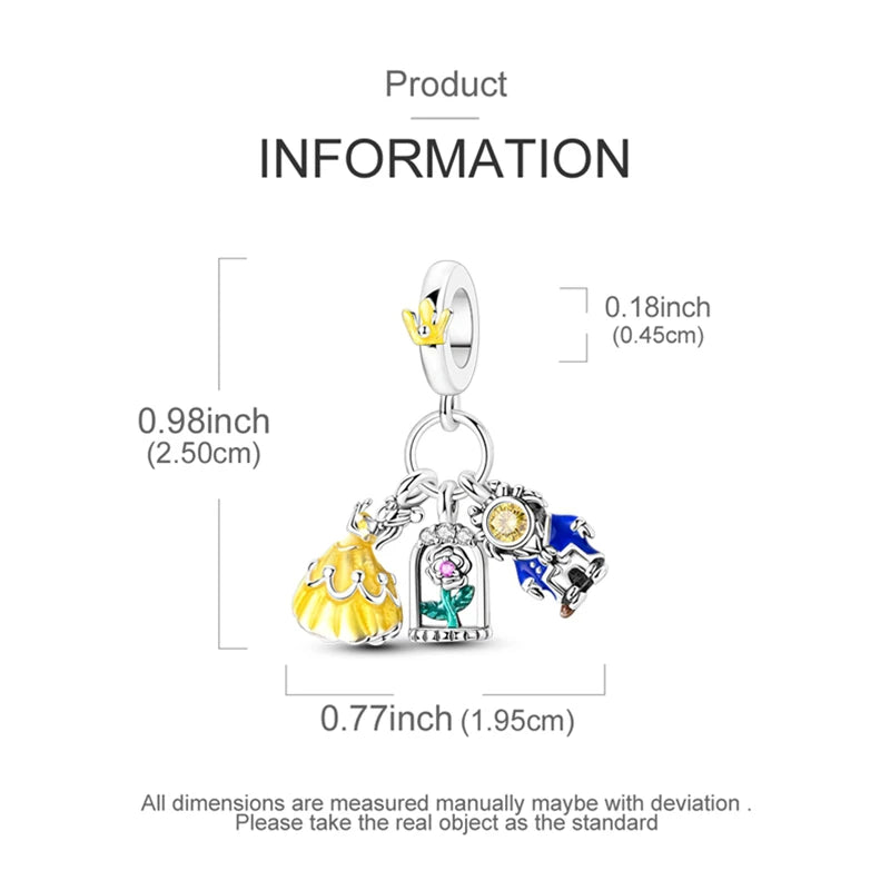 Beauty and the Beast and Rose Theme Three-Piece Set Pendant Charm Beads Fits 3mm Bracelets Necklace For Women Luxury DIY Jewelry
