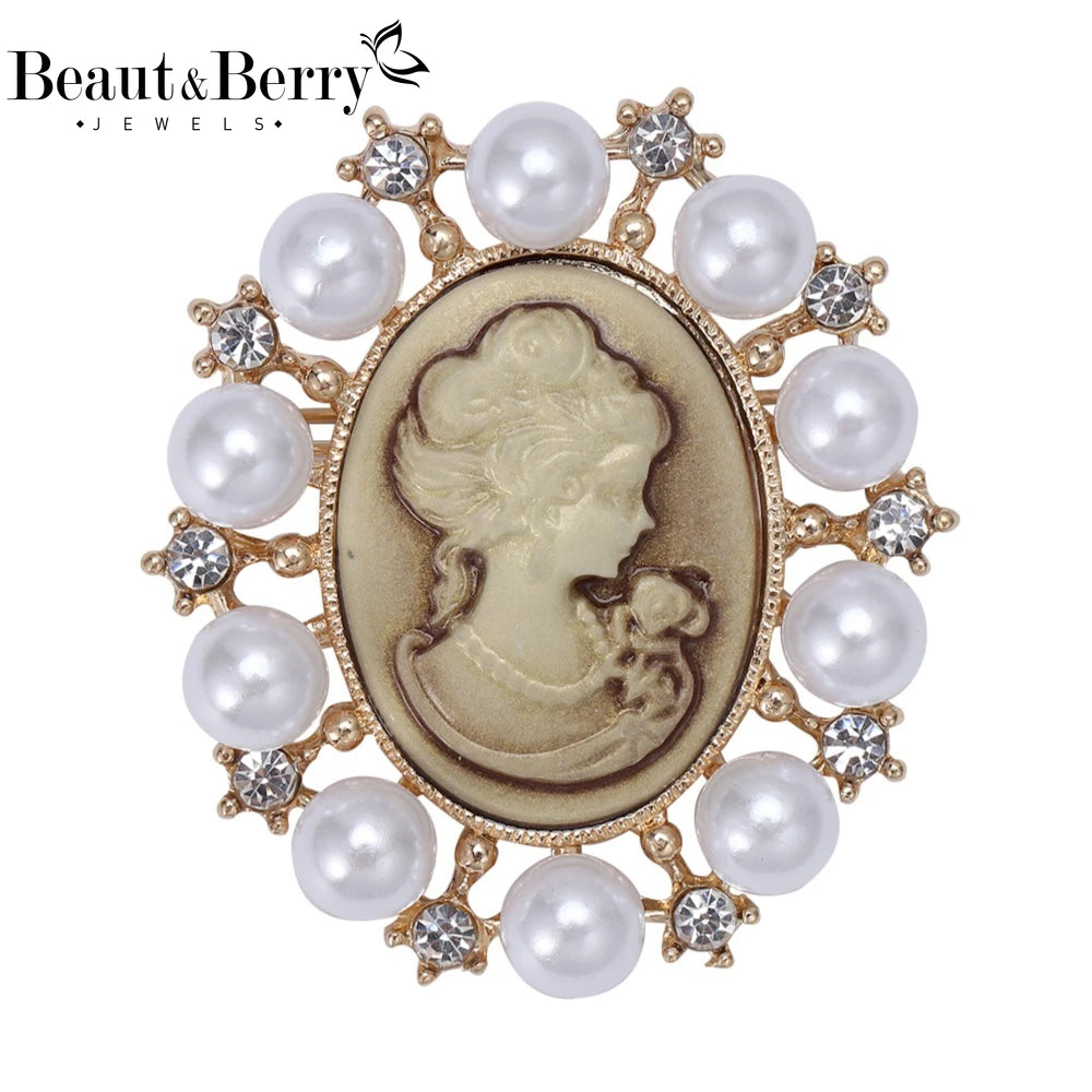 Beaut&Berry Trendy Pearl Beauty Head Brooches for Women Unisex Creativity Pins Casual Party Jewelry Accessories Gifts Decoration