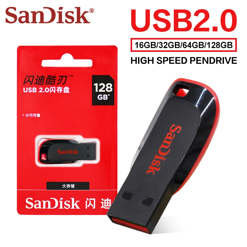 SanDisk Cruzer Blade USB 2.0 Flash Drive CZ50 16GB 32GB 64GB 128GB Original Pendrive Memory Stick for Computer