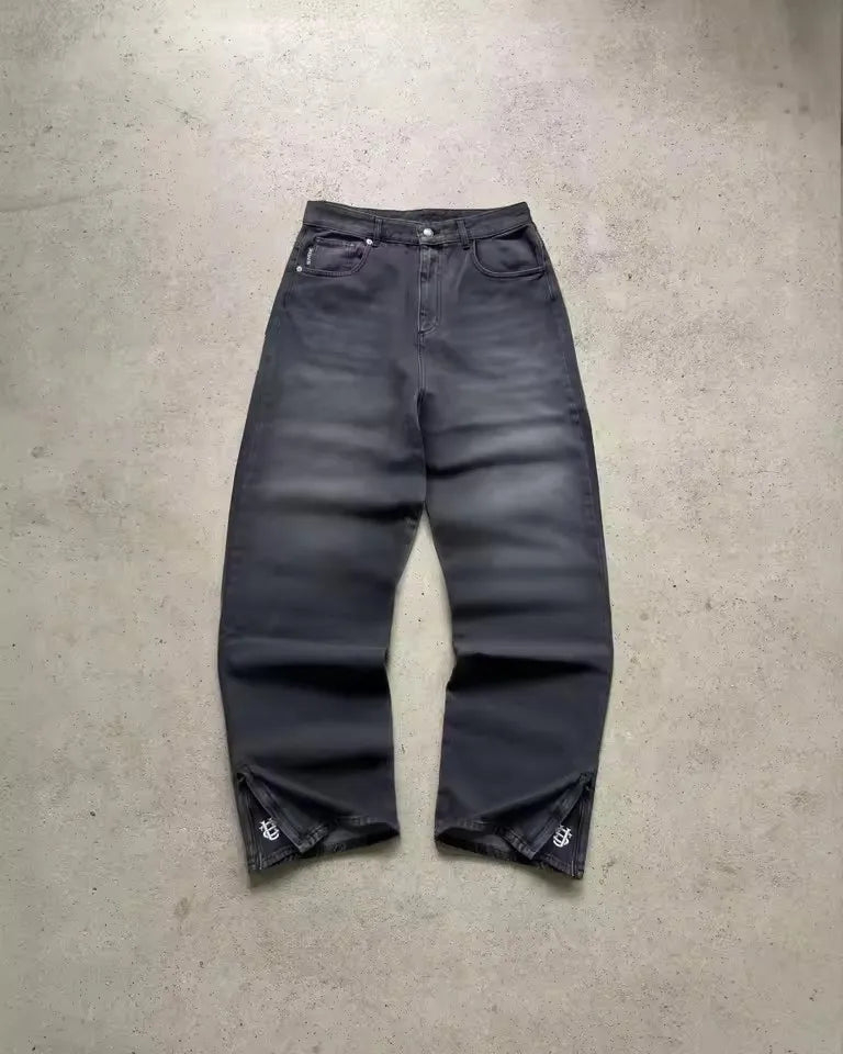 Streetwear Mens Womens Washed Dollar Zipper Embroidered Baggy Jeans Punk Rock Casual High Waisted Wide Leg Trousers Y2K