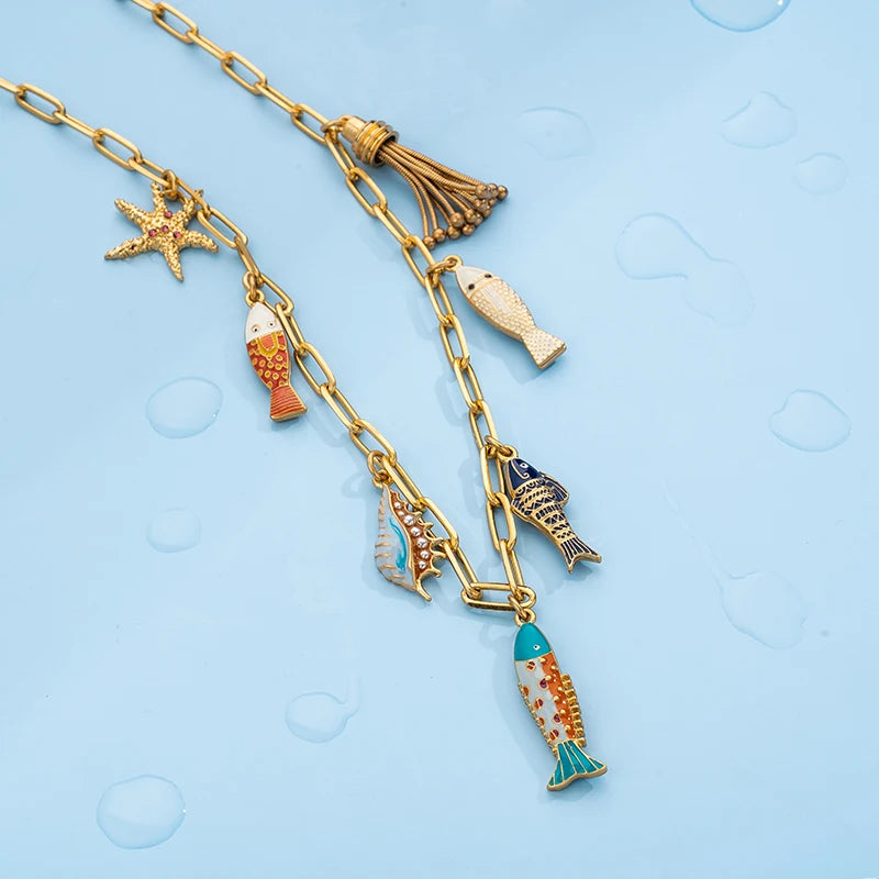 wealthyBoo Boemian Enamel Marine Life Charm Articulate Fish Pendant Necklace Chic Mermaid Conch Choker Ocean Beauty Accessories