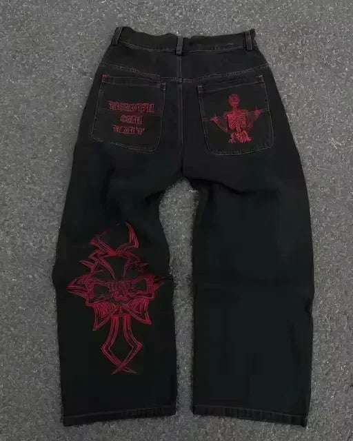 Streetwear Mens Womens Washed Dollar Zipper Embroidered Baggy Jeans Punk Rock Casual High Waisted Wide Leg Trousers Y2K