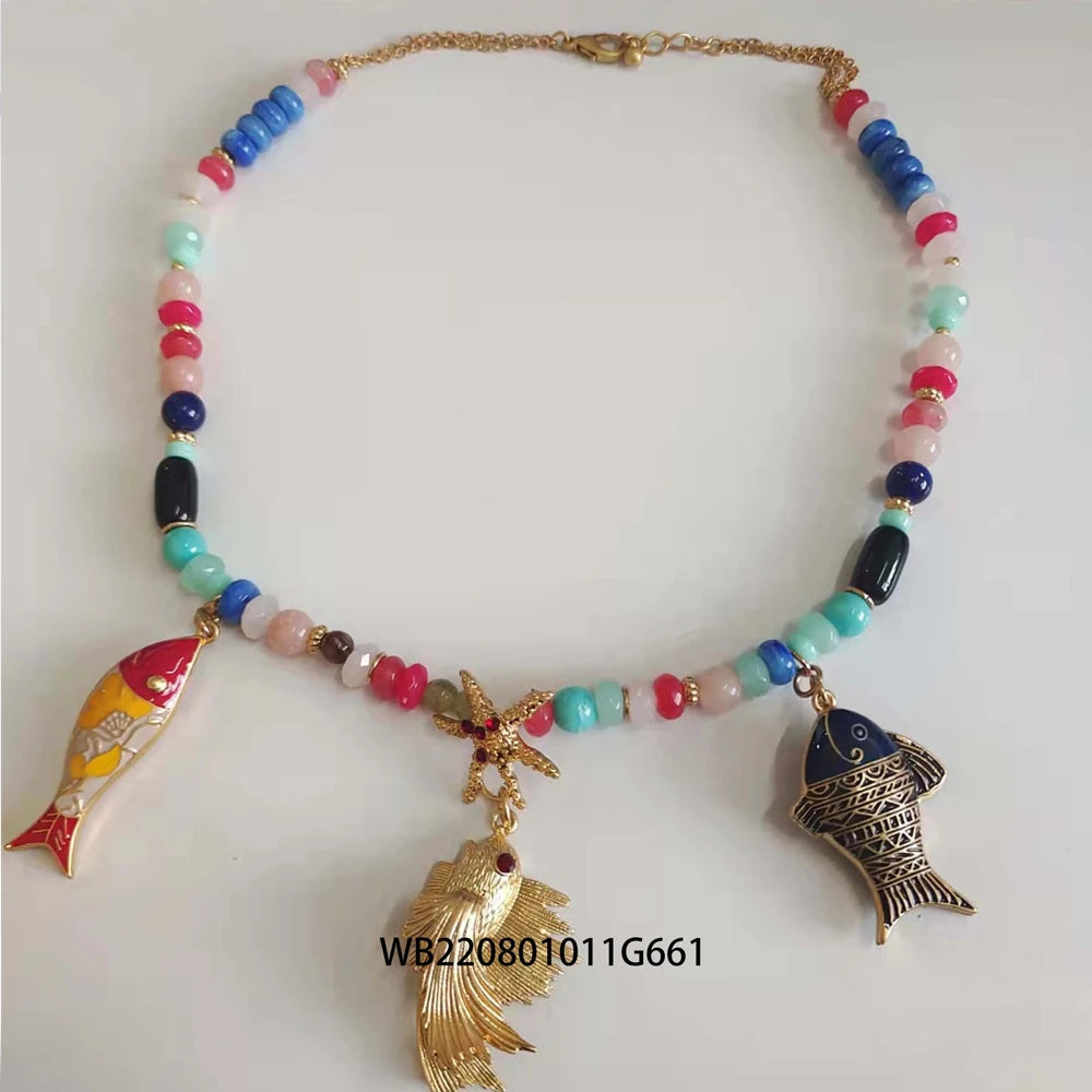 wealthyBoo Boemian Enamel Marine Life Charm Articulate Fish Pendant Necklace Chic Mermaid Conch Choker Ocean Beauty Accessories