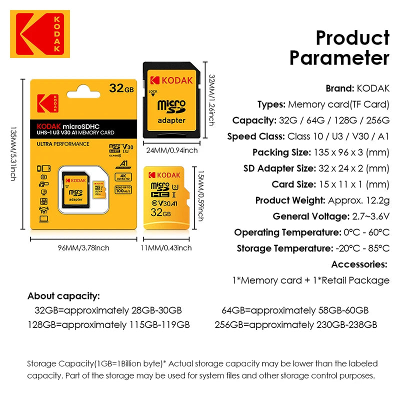 Original KODAK Memory Card 64GB 128GB 256GB U3 4K Micro SD Card 32GB SDHC UHS-I C10 A1 V30 TF Trans Flash Microsd