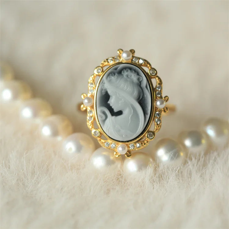 S925 Silver 18k Gold-plated Colorful Agate Relief Ring For Women Girls Vintage Beauty Girl Ring Fashion Jewelry Gift