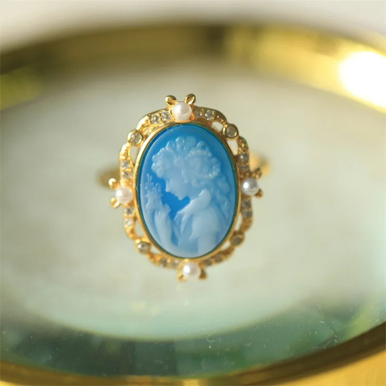 S925 Silver 18k Gold-plated Colorful Agate Relief Ring For Women Girls Vintage Beauty Girl Ring Fashion Jewelry Gift