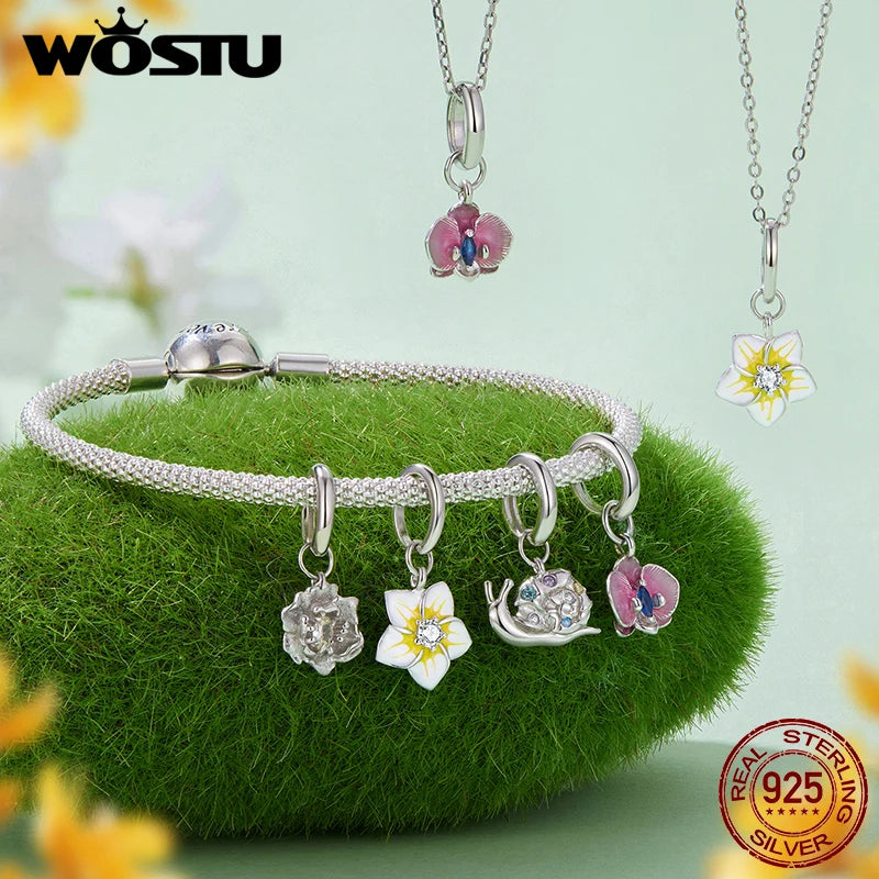WOSTU 925 Sterling Silver Peony Pendant Frangipani Orchid Snail Charm Beauty Flower for Women Bracelet DIY Fine Jewelry Gift