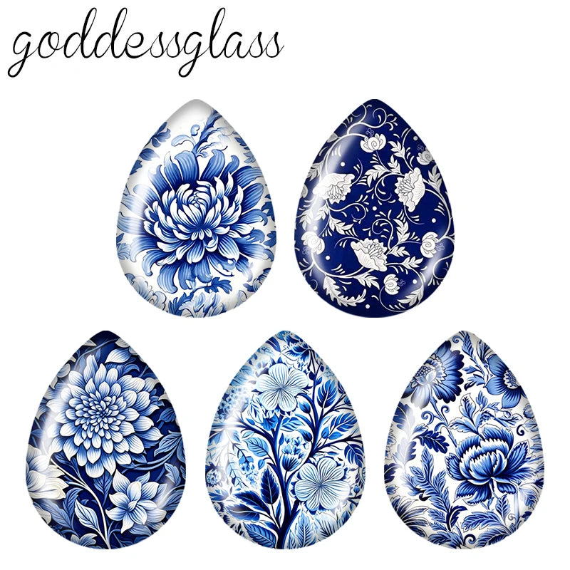 5pairs Beauty Chinese Blue Flowers Birds patterns Tear Drop Glass cabochon flat back DIY Earrings Jewelry Making Findings