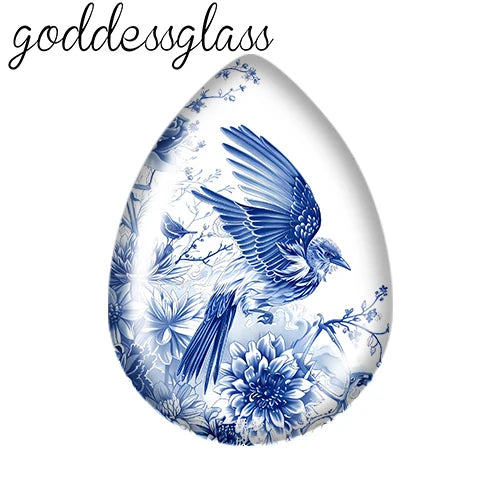 5pairs Beauty Chinese Blue Flowers Birds patterns Tear Drop Glass cabochon flat back DIY Earrings Jewelry Making Findings