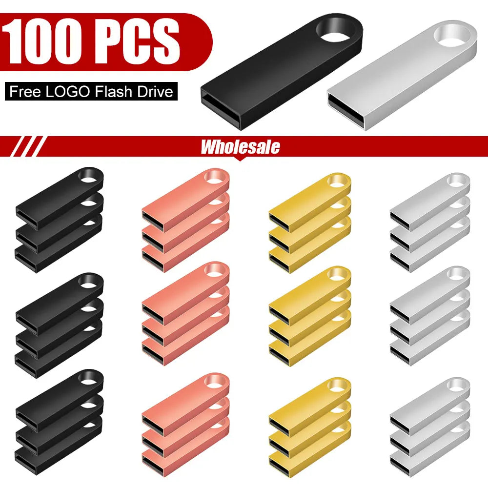 100PCS/lot Metal Pen Drive 64GB 32GB 16GB USB Flash Drive 8GB 4GB U Disk 2GB 1GB 128M 256M 512M Key Usb Stick Free Custom Logo u