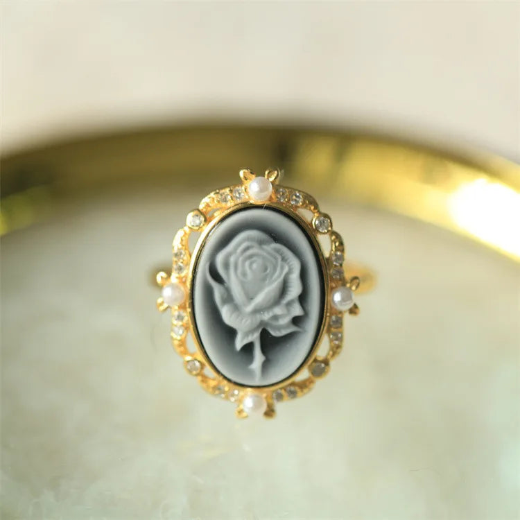 S925 Silver 18k Gold-plated Colorful Agate Relief Ring For Women Girls Vintage Beauty Girl Ring Fashion Jewelry Gift