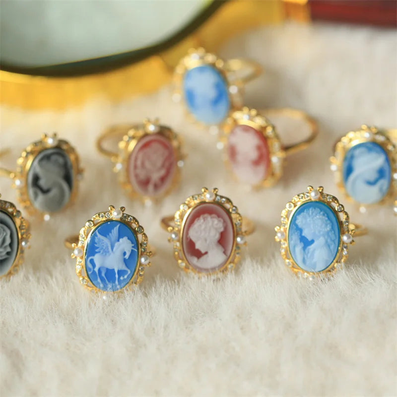 S925 Silver 18k Gold-plated Colorful Agate Relief Ring For Women Girls Vintage Beauty Girl Ring Fashion Jewelry Gift