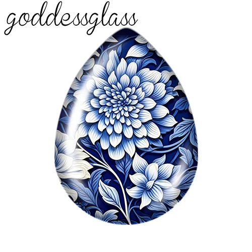 5pairs Beauty Chinese Blue Flowers Birds patterns Tear Drop Glass cabochon flat back DIY Earrings Jewelry Making Findings