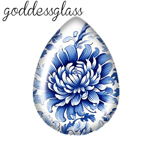 5pairs Beauty Chinese Blue Flowers Birds patterns Tear Drop Glass cabochon flat back DIY Earrings Jewelry Making Findings