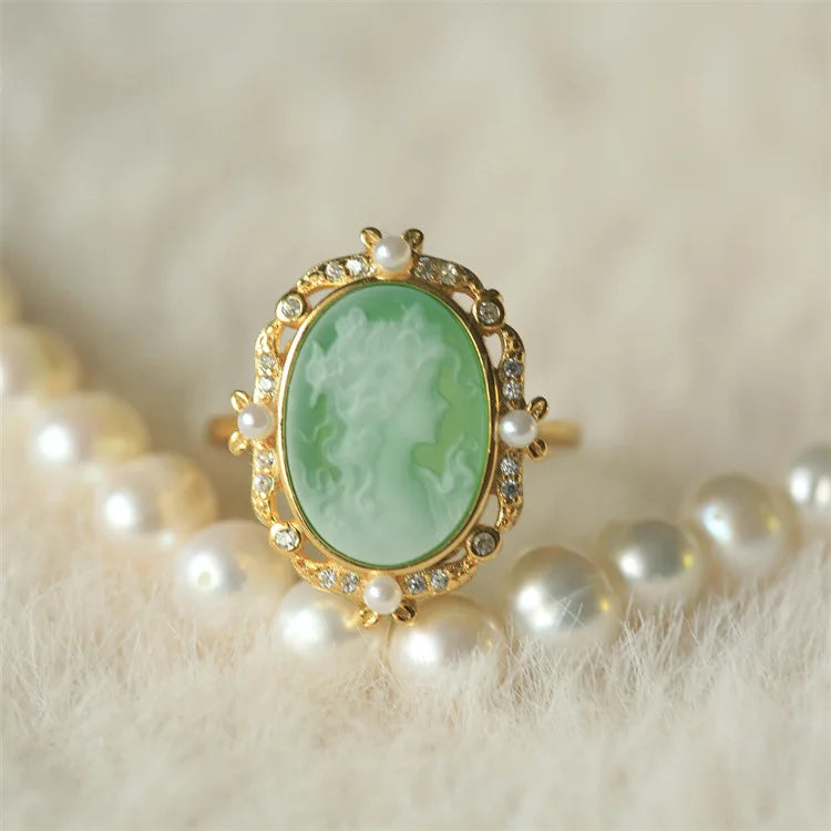 S925 Silver 18k Gold-plated Colorful Agate Relief Ring For Women Girls Vintage Beauty Girl Ring Fashion Jewelry Gift