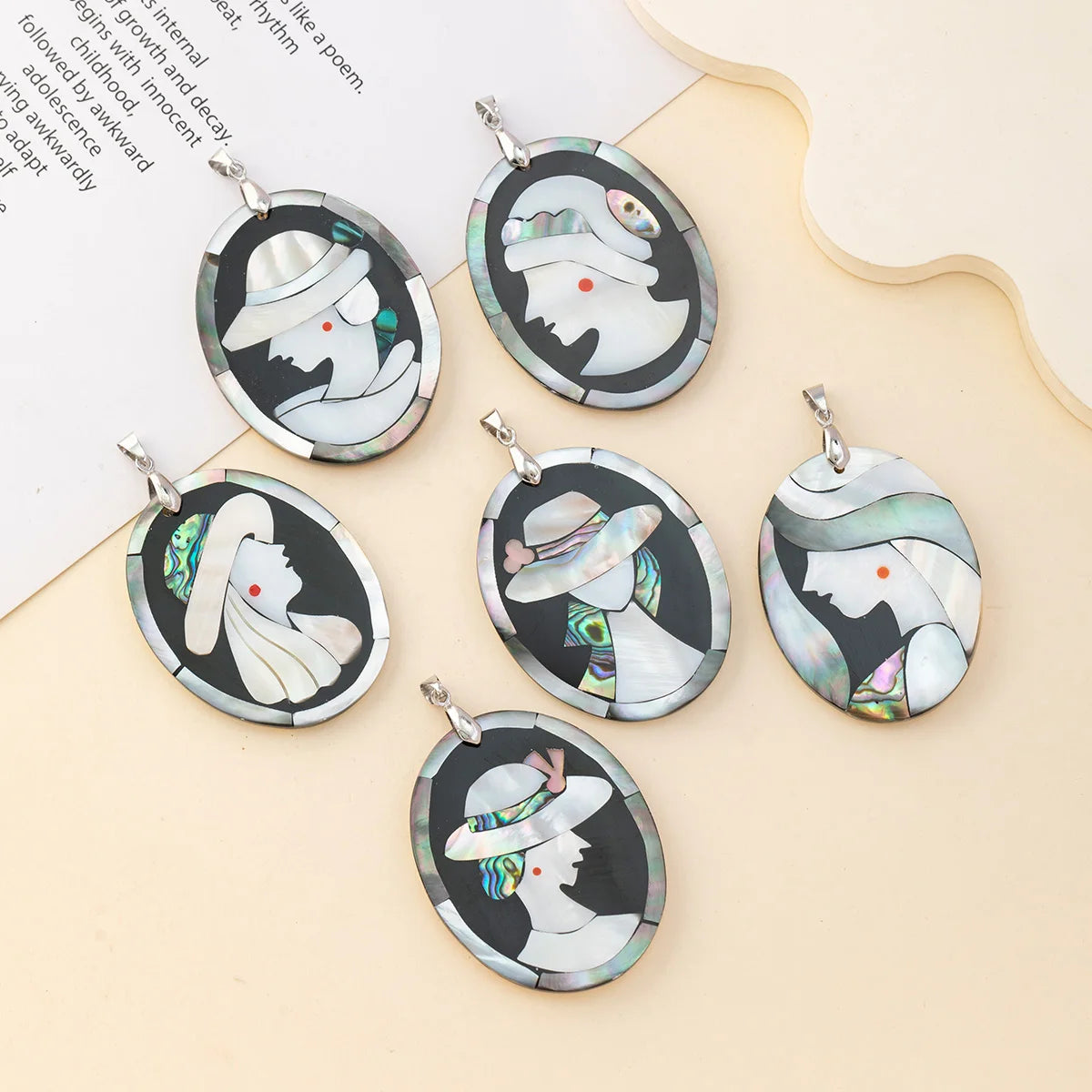 1pc Natural Shell Oval Cartoon Beauty Woman Pendant Charms for DIY Women Men Necklace Jewelry Making Accessories Daily Gifts