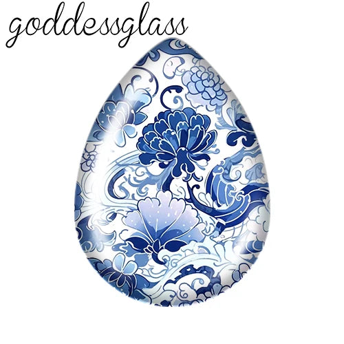 5pairs Beauty Chinese Blue Flowers Birds patterns Tear Drop Glass cabochon flat back DIY Earrings Jewelry Making Findings