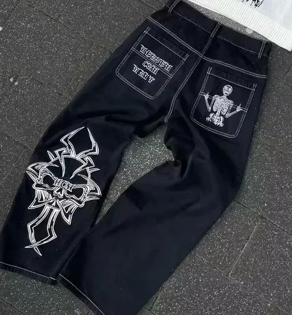 Streetwear Mens Womens Washed Dollar Zipper Embroidered Baggy Jeans Punk Rock Casual High Waisted Wide Leg Trousers Y2K